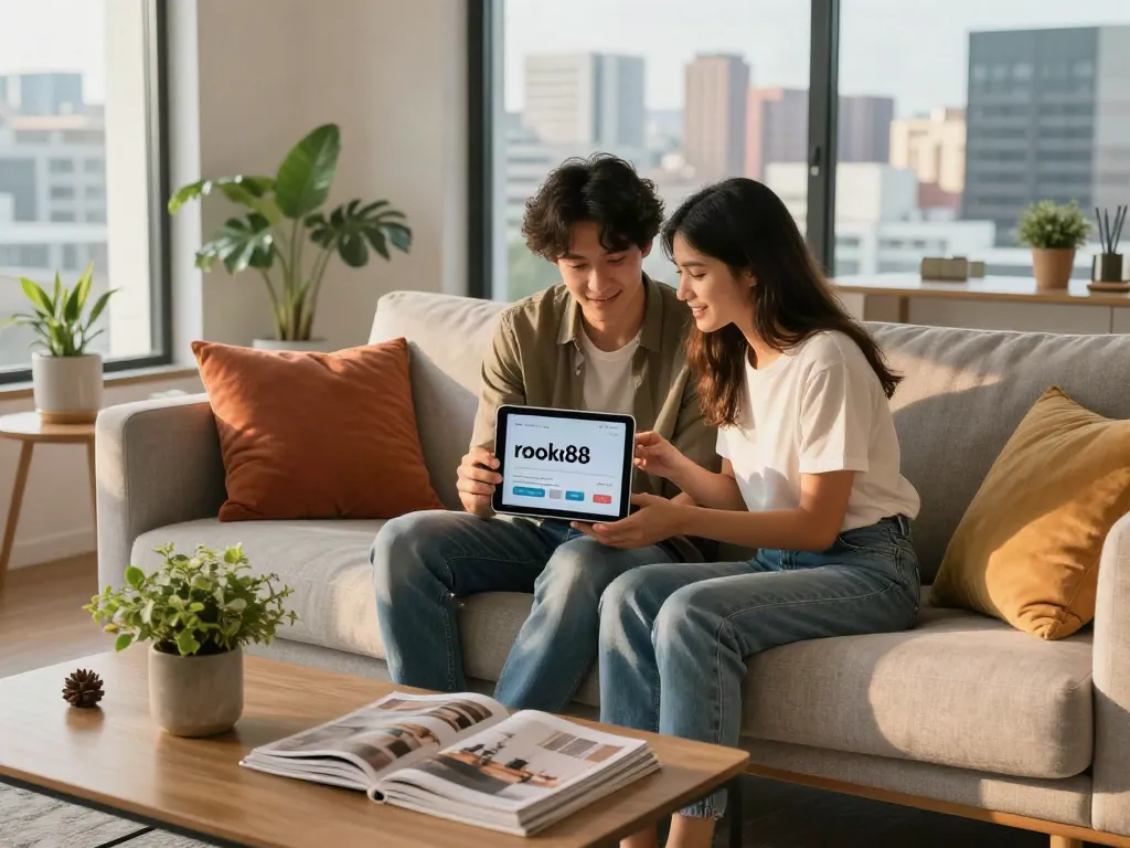 Couple exploring rokok88 link on tablet in a stylish urban living room.