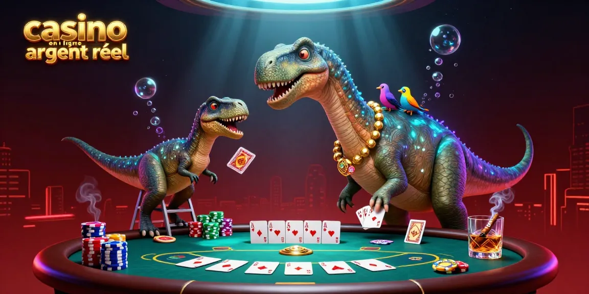 Jouez dans un casino en ligne argent réel avec un dinosaure surdimensionné distribuant des cartes.