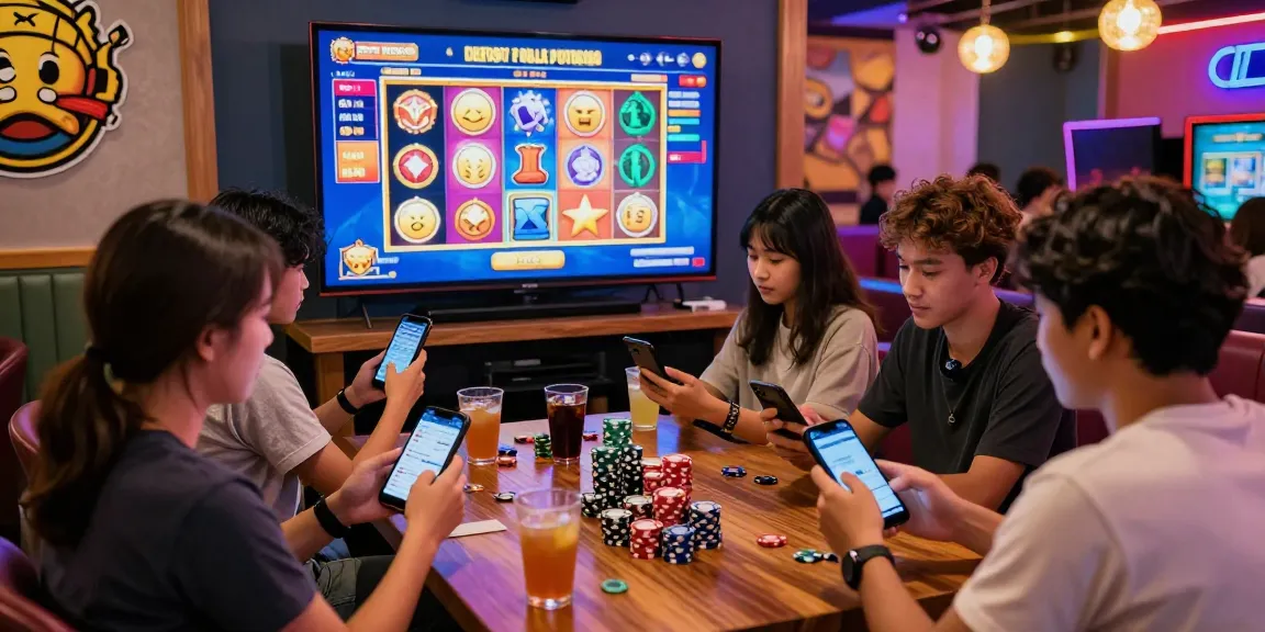 Exciting gaming lounge scene featuring players engaged in deposit pulsa tanpa potongan slot games with vibrant visuals.