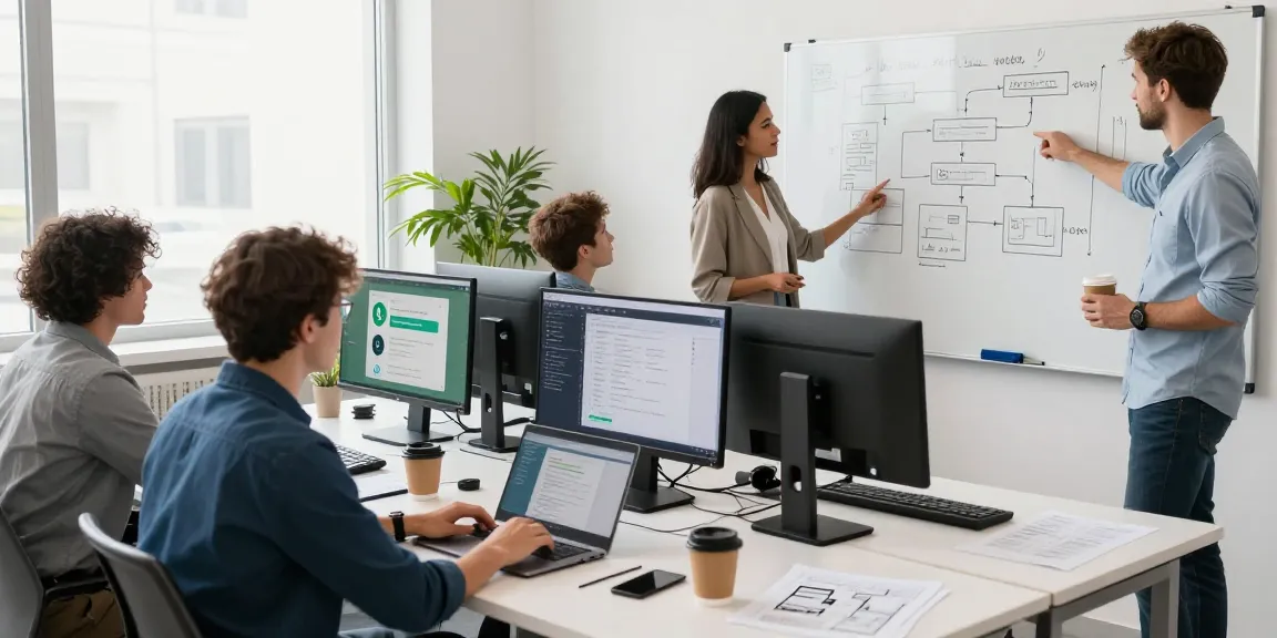 Collaborative workspace showcasing WhatsApp網頁版, professionals engaging in teamwork with laptops and flowcharts.
