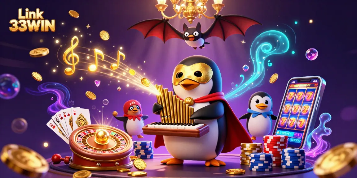 Experience the excitement of Link 33WIN as you collect golden coins and play thrilling casino games in this vibrant scene!