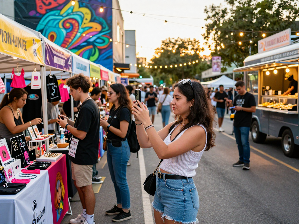 Young adults at a street festival celebrating AI fashion innovations with vibrant stalls and a festive atmosphere. ai sluts engaged in creative expression.