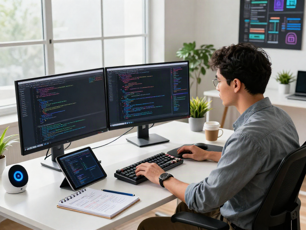 AI detection software workstation with coding screens and tech tools.