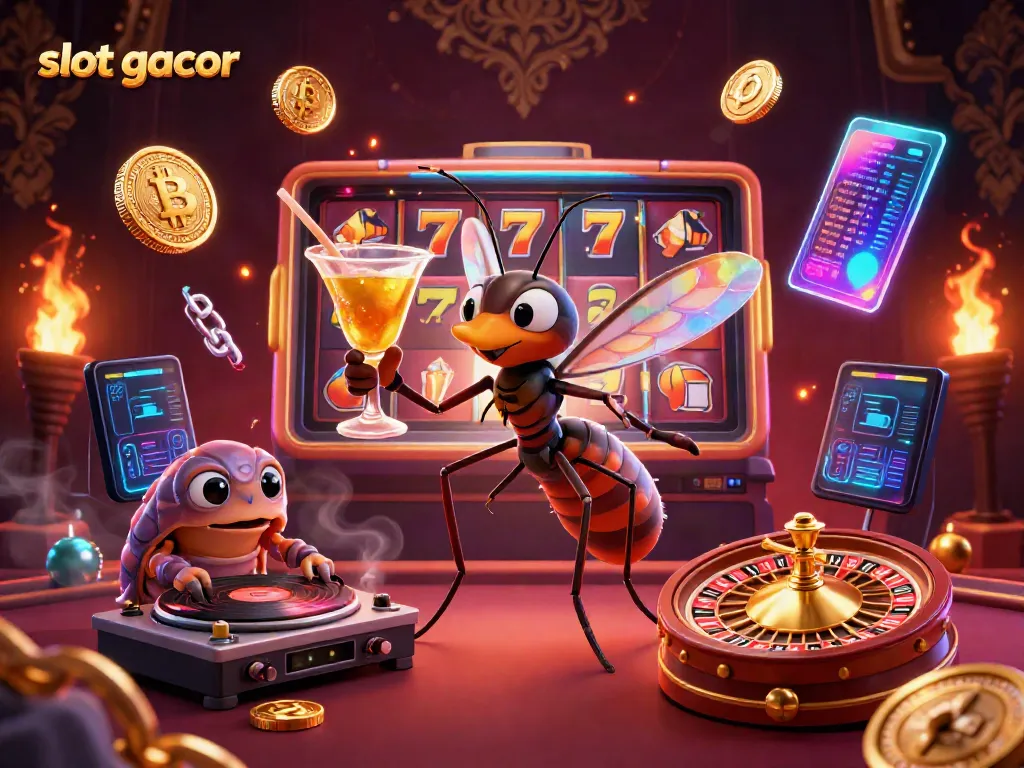 Experience engaging slot gacor action with a vibrant 3D casino illustration featuring animated characters and glowing coins.