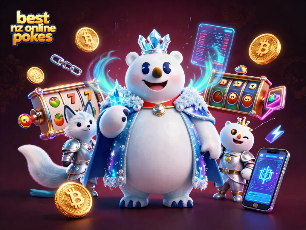 Engage with the best NZ online pokies in this vibrant 3D scene depicting slot excitement and crypto elements.