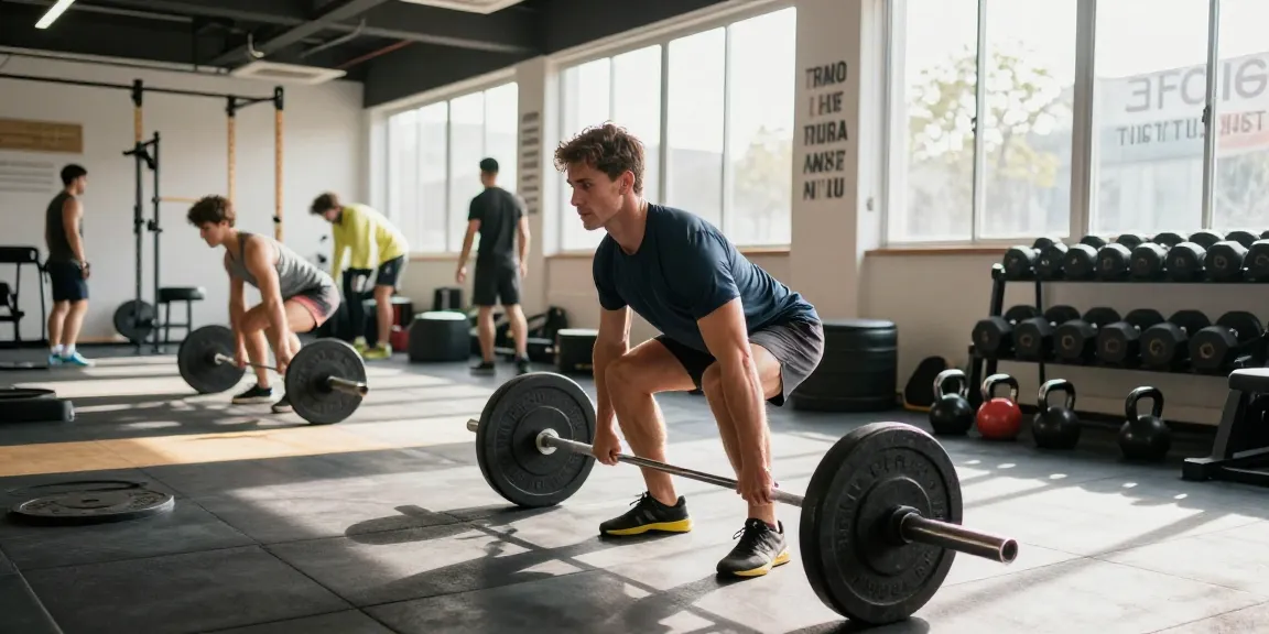 Dynamic workout session at Deus Medical Shop with athlete lifting weights in modern gym.