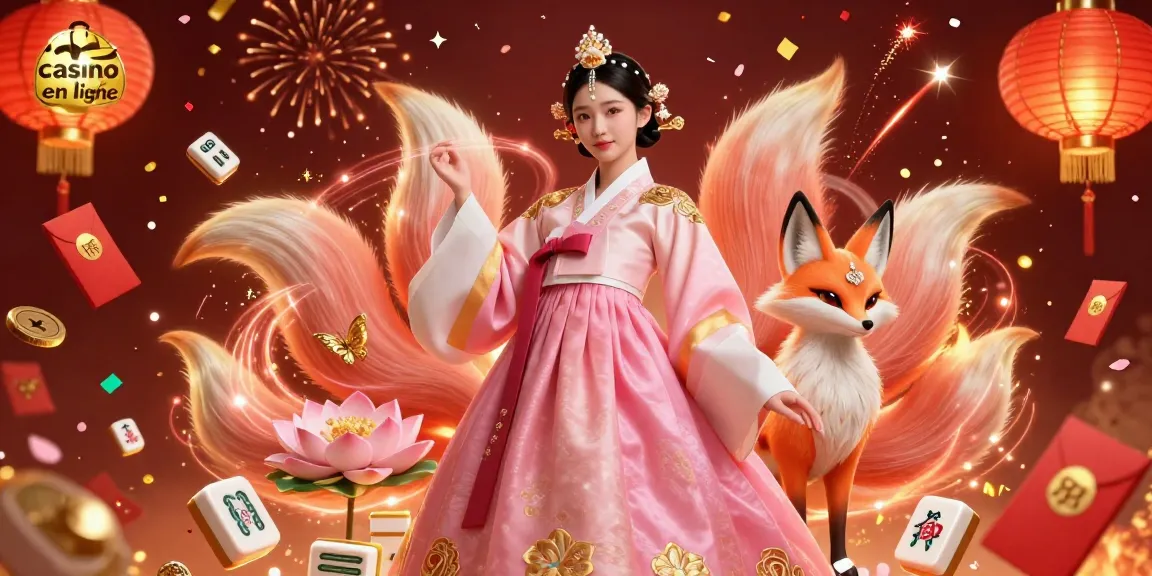 Vivez l'excitation du casino en ligne avec une illustration 3D vibrante mettant en scène une femme asiatique gracieuse et un renard porte-bonheur parmi des éléments de célébration.
