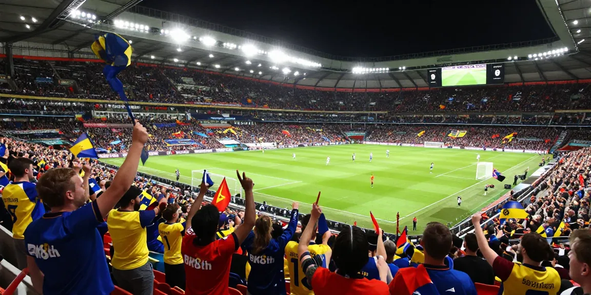 Excited fans dressed in BK8th gear celebrate a goal in a Premier League match at a vibrant stadium.