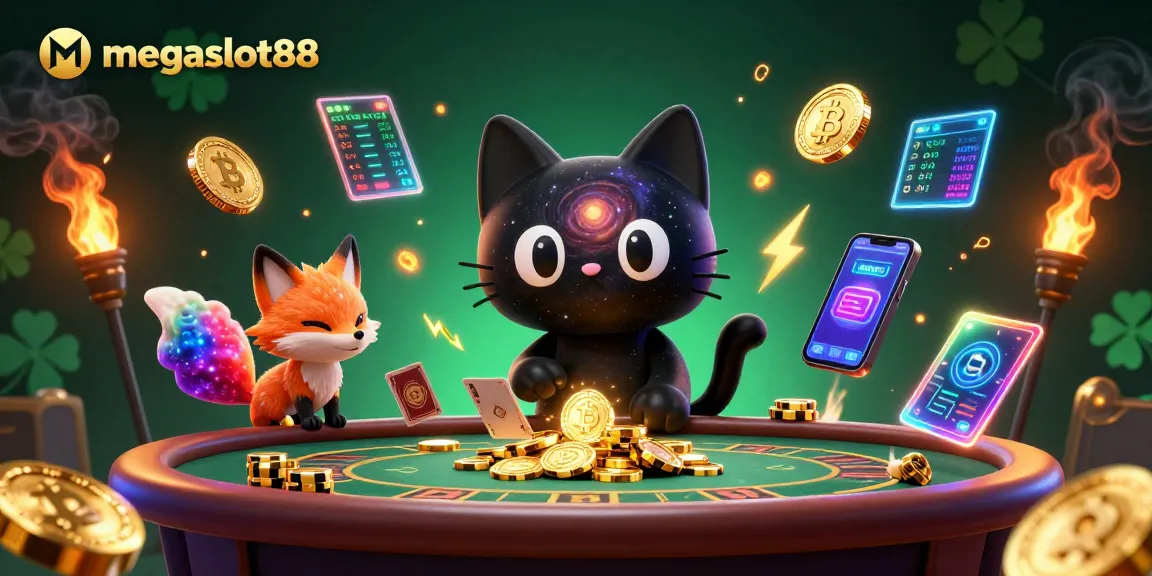Engage with megaslot88 at a cosmic casino, featuring unique characters and glowing crypto elements.