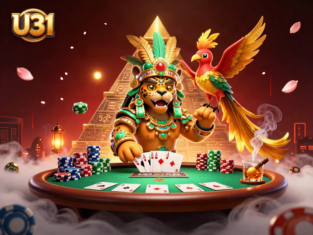 Win big at U31 casino with a vibrant scene featuring poker elements and mythical characters.