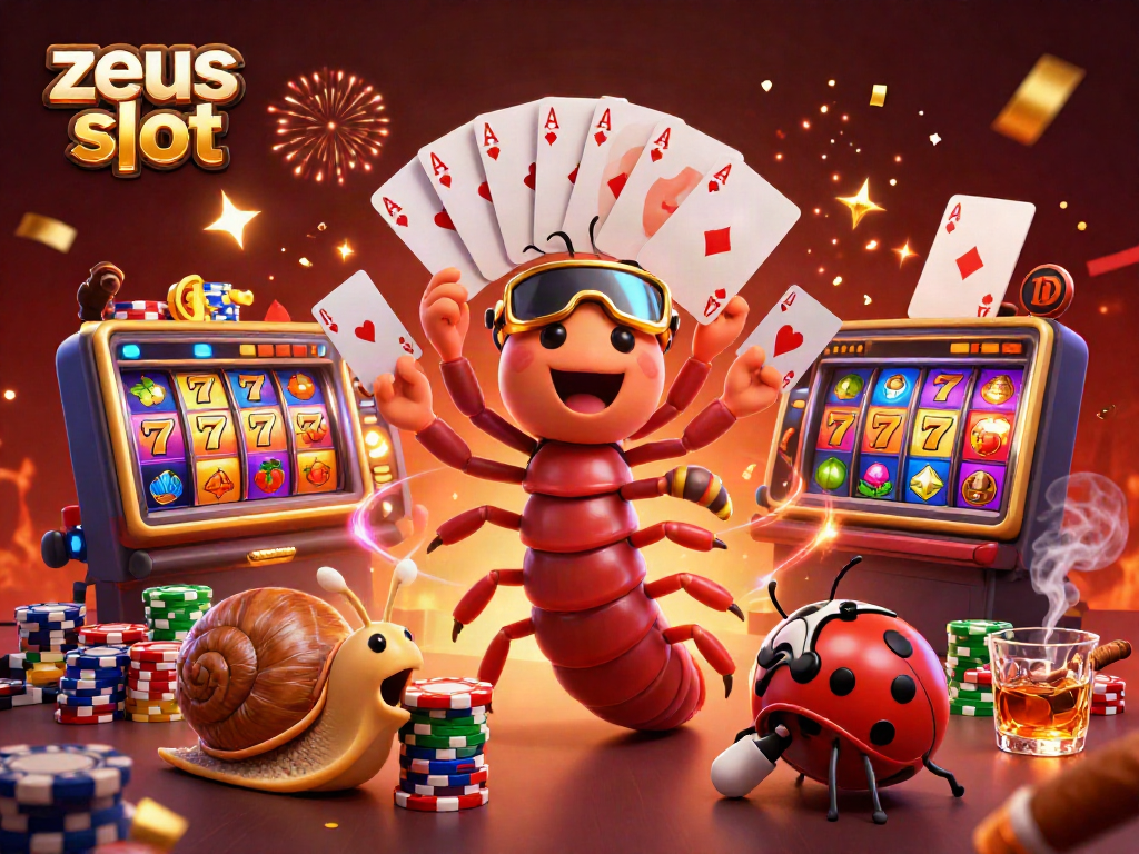Experience the excitement of zeus slot with lucky 7s, vibrant slot reels, and animated casino characters.