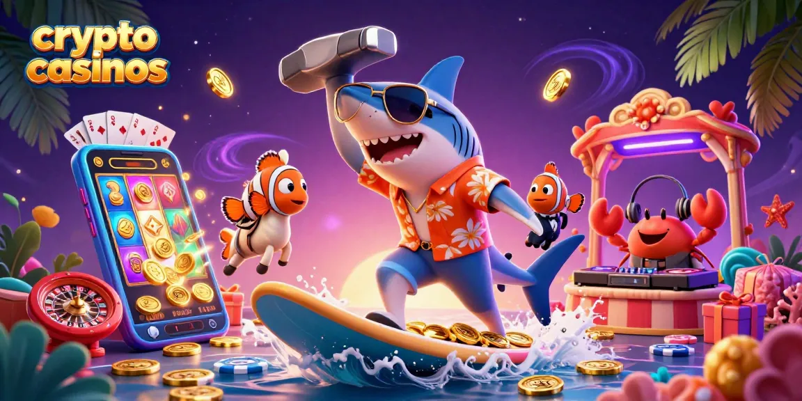 Découvrez les crypto casinos animés avec requin et clown sur une scène colorée de jeux