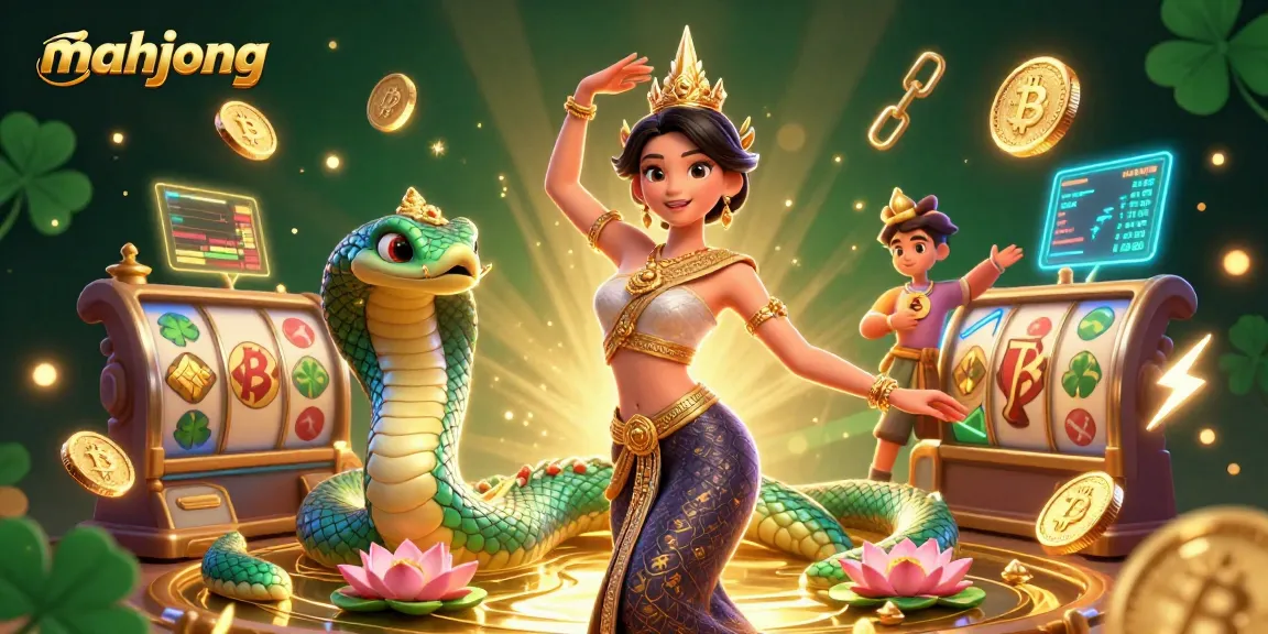Engage in mahjong gaming with a beautiful Thai dancer and a vibrant Naga serpent set against a casino backdrop.