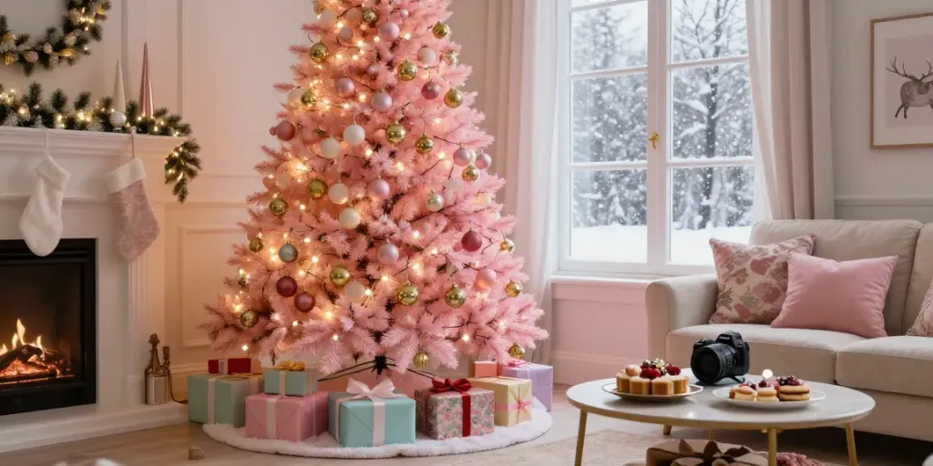 Vibrant christmas tree with pink decor surrounded by cozy holiday decorations