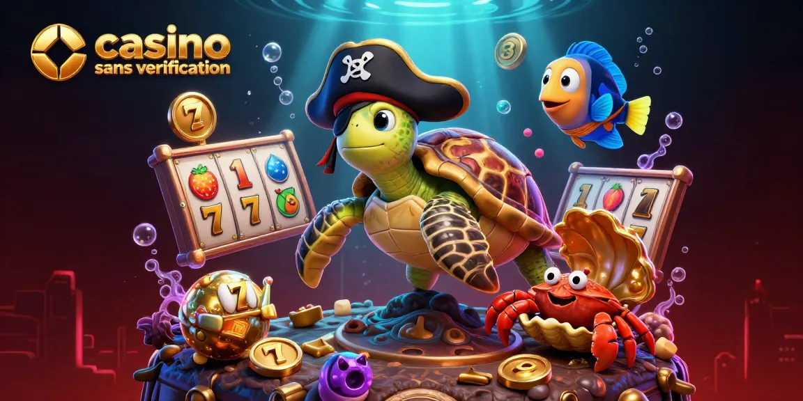 Avec "casino sans vérification", cette illustration animée montre une tortue pirate avec un trésor, des rouleaux de machine à sous et des symboles porte-bonheur.
