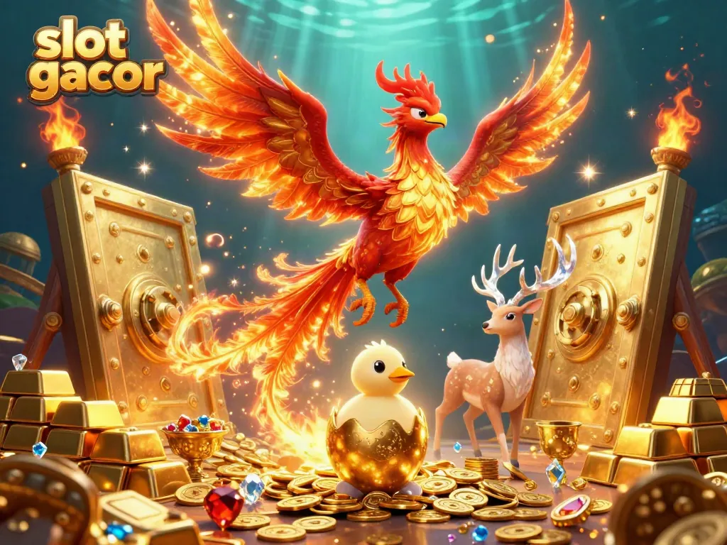 Experience the excitement of slot gacor with a vibrant 3D illustration featuring mystical characters and golden treasures.