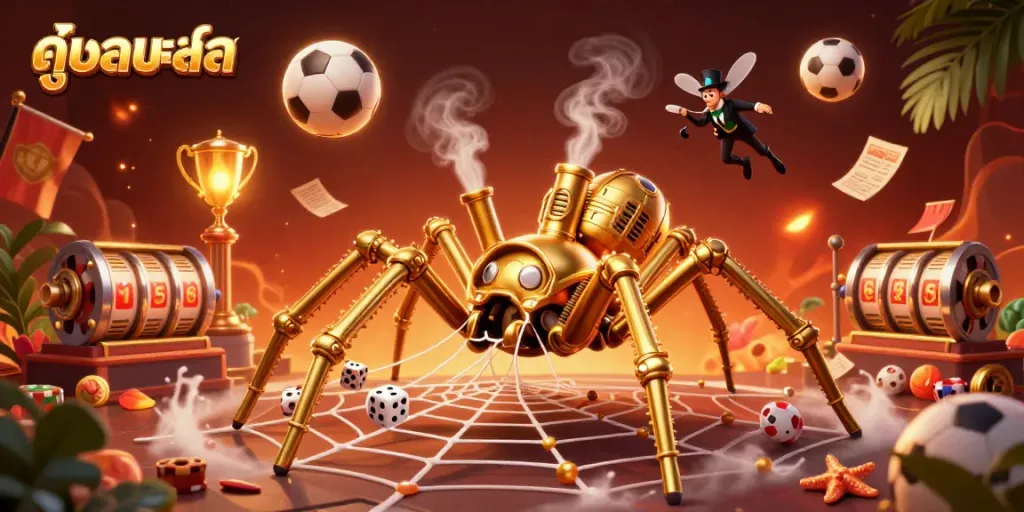 Experience ดูบอลสด in a dynamic illustration with steampunk characters and football-themed elements, emphasizing the thrill of sports betting.