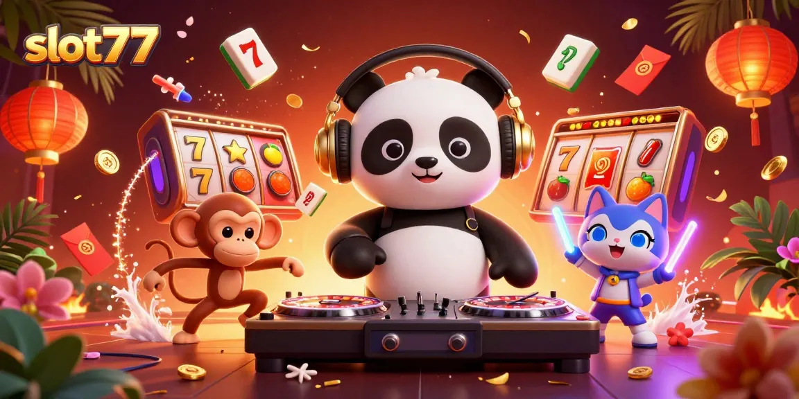 Experience excitement with slot777 as a DJ panda spins luck on colorful slot reels.