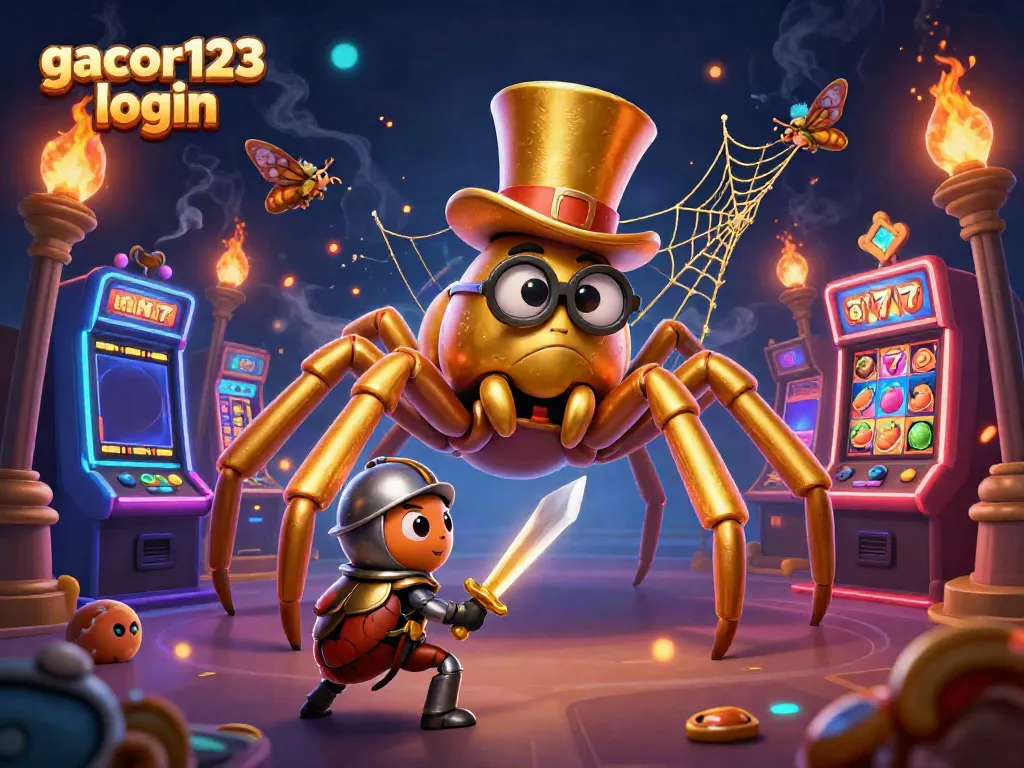 Experience the excitement of gacor123 login with a vibrant, animated casino scene filled with characters and games.