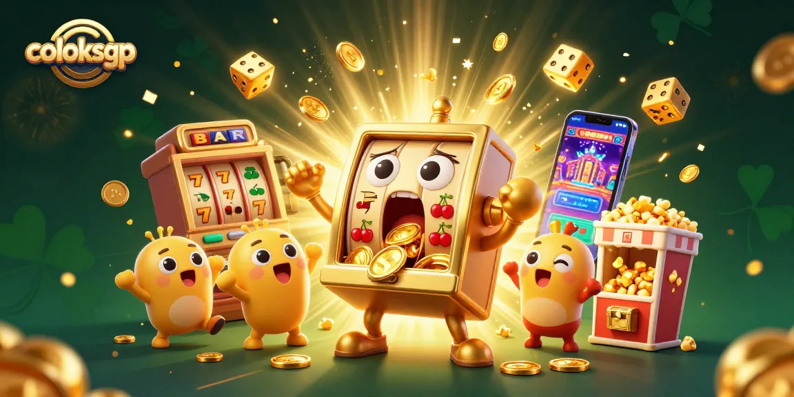 Engage with coloksgp's lively jackpot scene featuring a golden slot machine celebrating a win amidst flying coins.