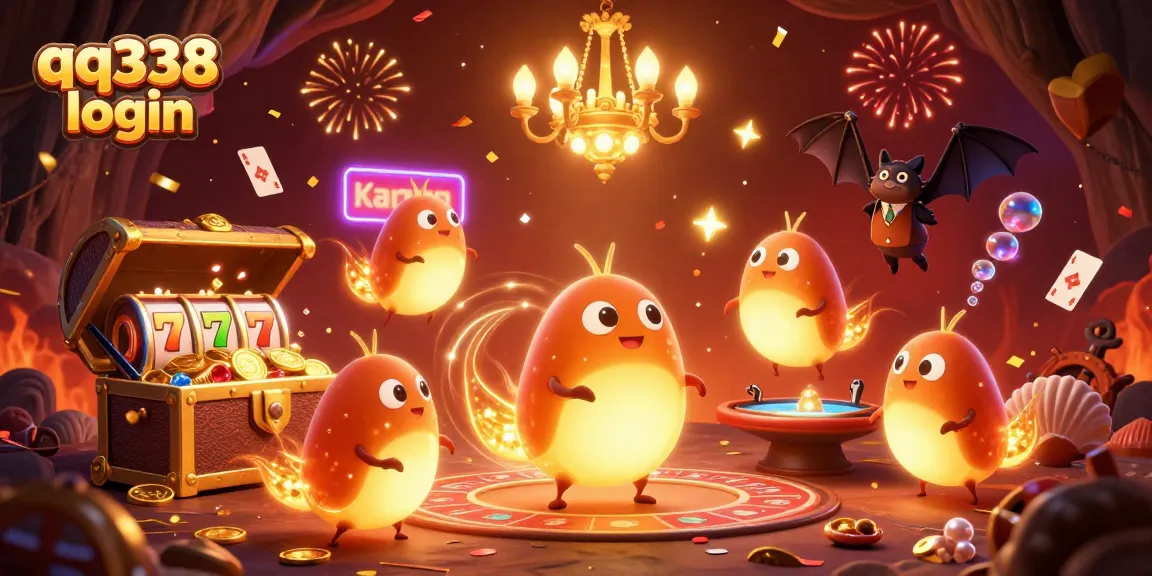 Join the excitement with qq338 login, illuminating the casino scene with glowing characters and dynamic game elements.