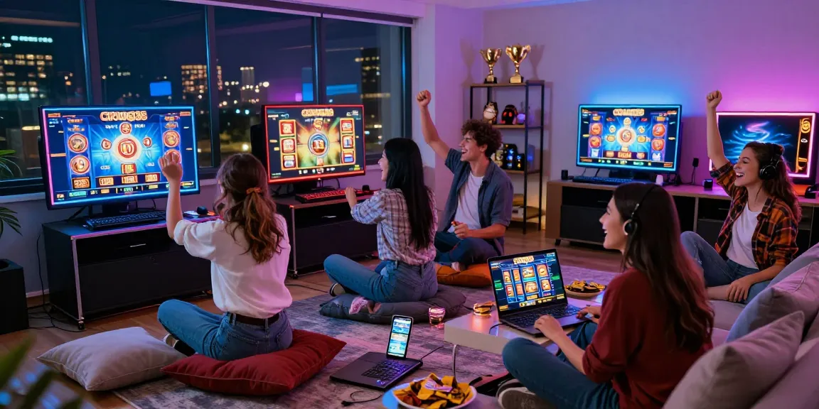 Permainan slot cipung138 yang mengasyikkan di ruangan modern dengan teman-teman.
