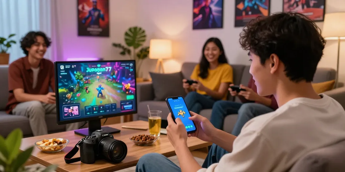 Pengguna Juragan77 bermain game di smartphone sambil bersantai di ruang tamu modern dengan suasana nyaman dan dekorasi menarik.