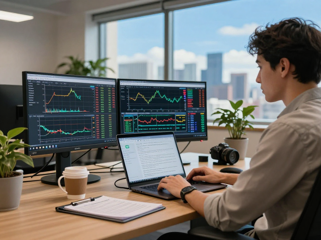 TradingView software displayed on multiple monitors in a professional trading environment, illustrating dynamic market analysis.