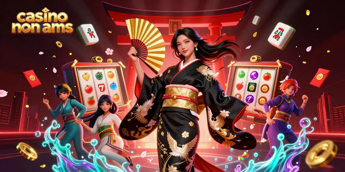 Interagisci con casinò non AAMS in una scena di casinò online vibrante con una elegante donna asiatica tra giochi di slot e simboli fortunati.