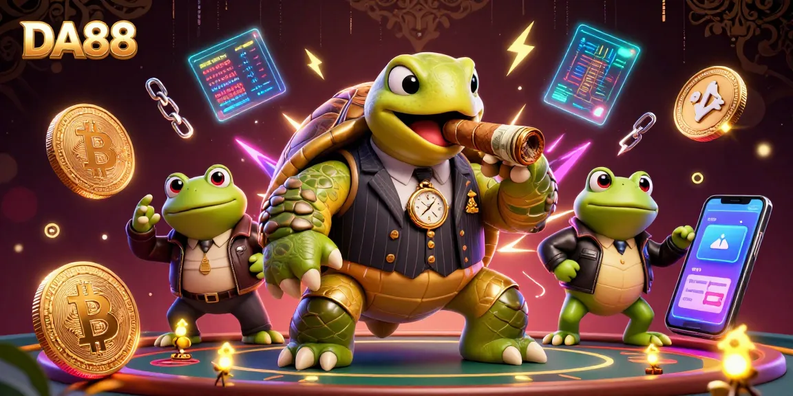 Experience DA88's vibrant gambling scene featuring a mobster turtle and bullfrog enforcers.