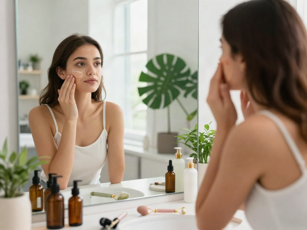 Young woman in front of a mirror conducting a test of attractiveness while applying skincare products