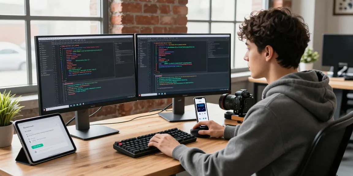 Developer at workspace optimizing快连 software with dual monitors, coding tools, and tech gadgets.