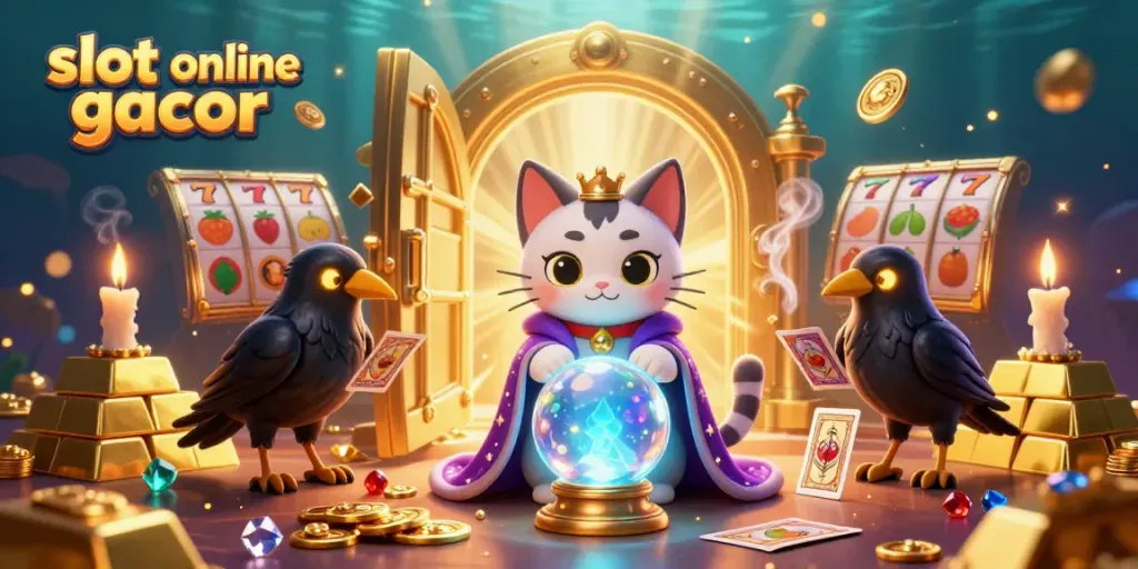 Engage with slot online gacor scene featuring a mystic cat and a tarot raven in an elaborate casino backdrop.