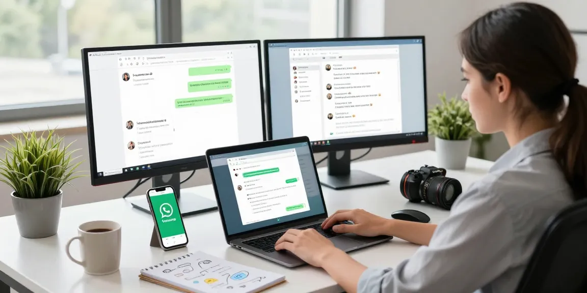 Young professional using WhatsApp網頁版 on a laptop in a modern office workspace, highlighting communication.