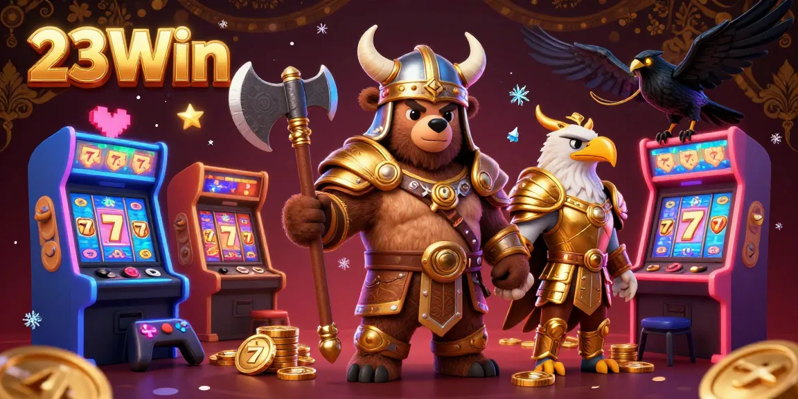 Engage with 23Win's dynamic 3D casino scene featuring a Viking bear and Valkyrie eagle amidst colorful game elements.