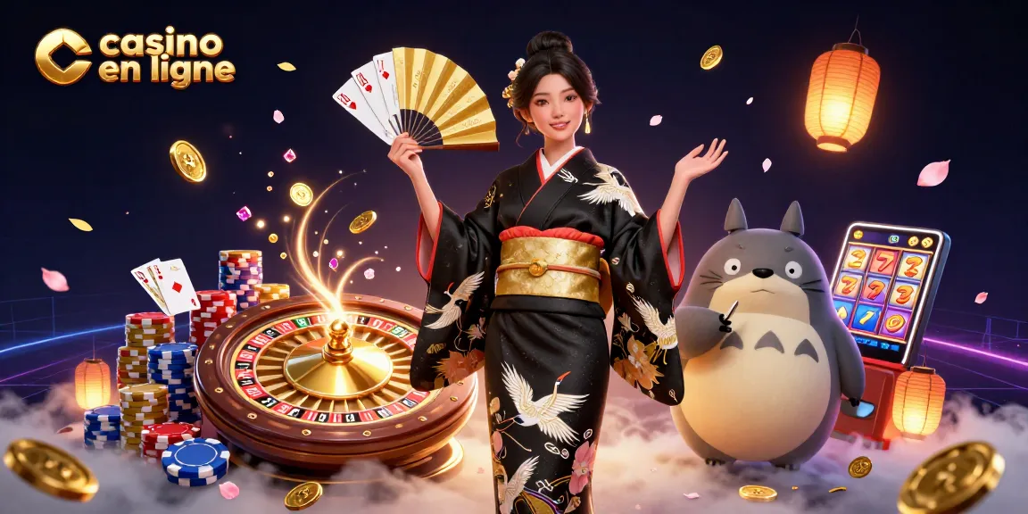Vivez les frissons du casino en ligne avec une femme élégante en kimono et un tanuki sage parmi des éléments de jeu dynamiques.