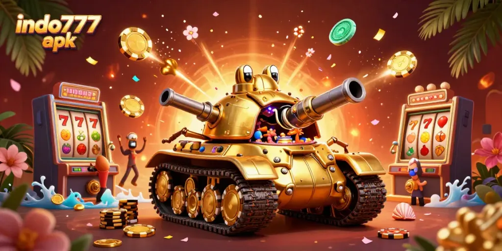 Bermain di platform indo777 apk yang menampilkan mesin slot emas dengan jackpot besar dan elemen berkaitan dengan kasino.