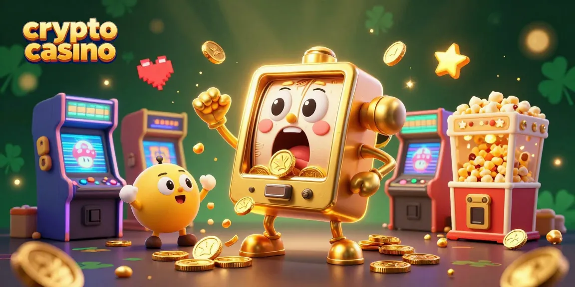 Le casino crypto avec une machine à sous dorée frappant le jackpot entourée de jeux colorés.
