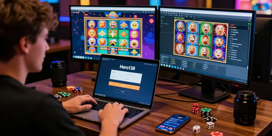 Login hero138 page on a vibrant online gaming setup with colorful slot games