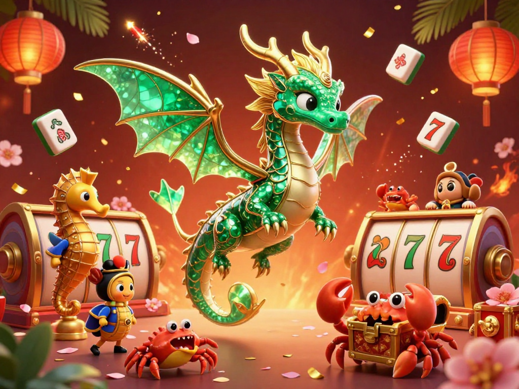 Spin slot pulsa with vibrant colors featuring a sea dragon and treasure trove in a dynamic casino scene.