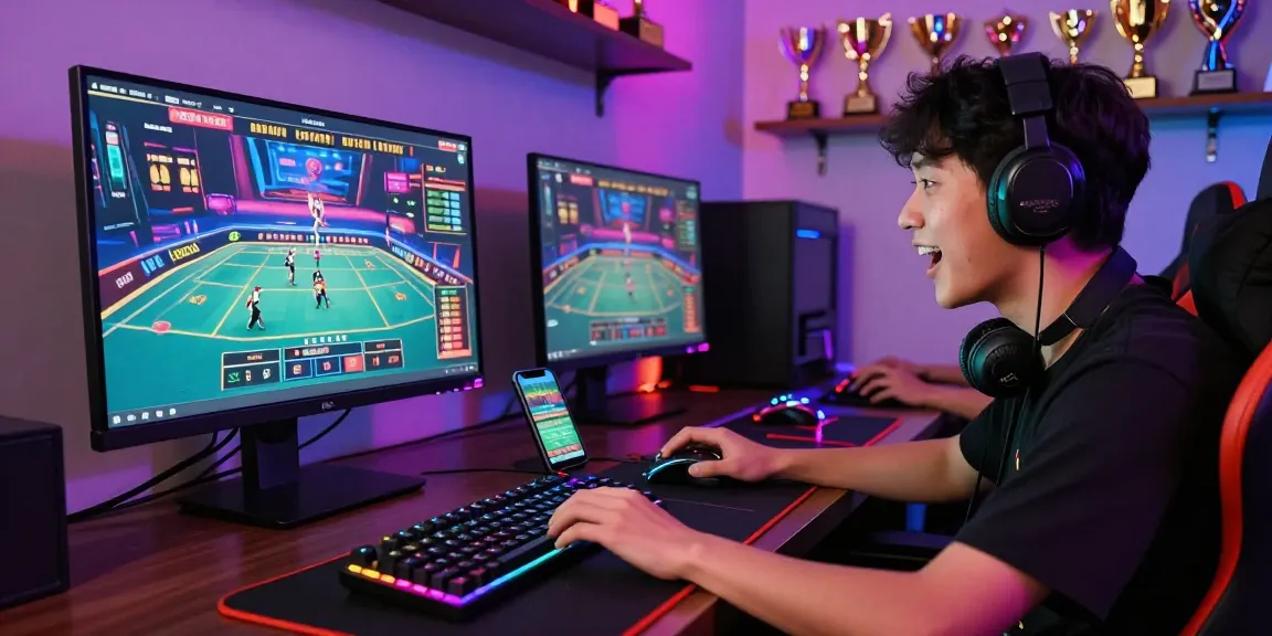 Engaged player enjoying 鉅城娛樂城 with vibrant gaming setup and live casino action in the background.