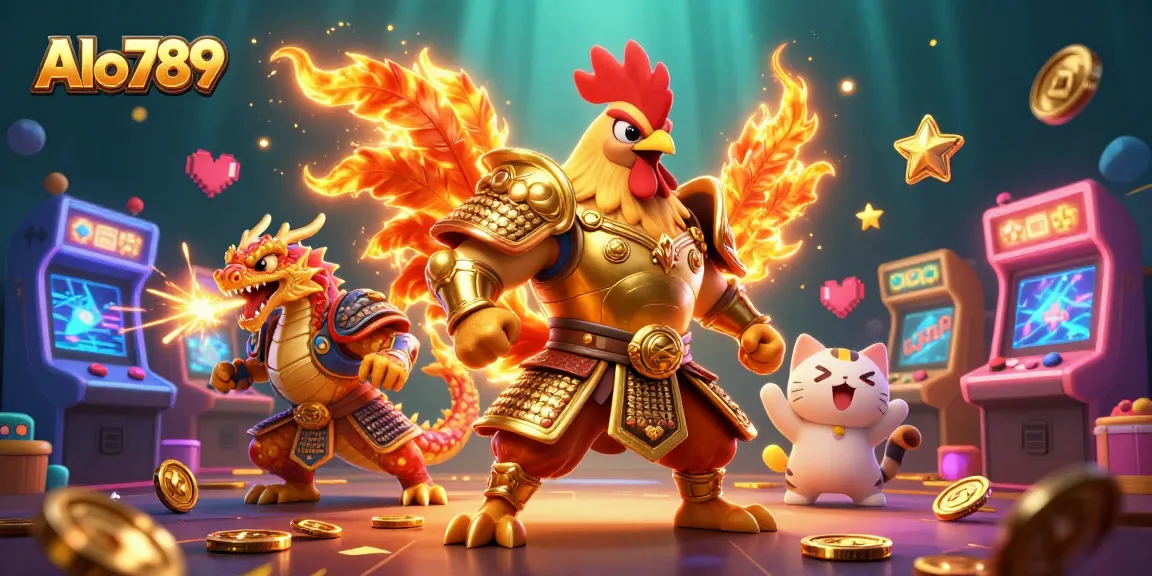 Alo789 fighting rooster and dragon in a vibrant 3D casino scene, showcasing dynamic gambling elements.