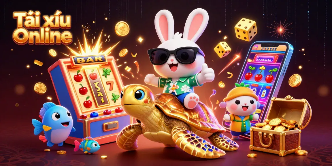 Experience Tài xỉu Online with an engaging scene of a cartoon rabbit and turtle in a rich casino environment.
