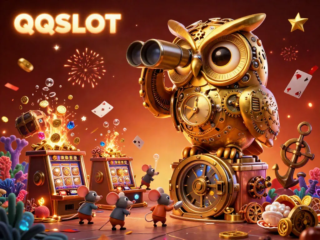 Engage with QQSLOT excitement, featuring a detail-rich 3D casino scene with cartoon characters and treasure!