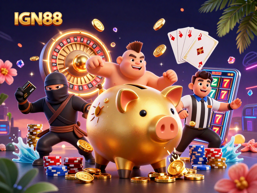 Engage in thrilling gameplay with IGN88 featuring a golden piggy bank sumo wrestler and a wallet-ninja amidst cascading coins.