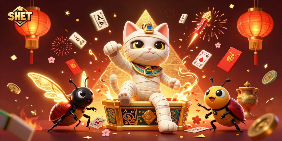 Experience vibrant wins at SH BET with thrilling games in a lively casino scene featuring an Egyptian mummy cat.
