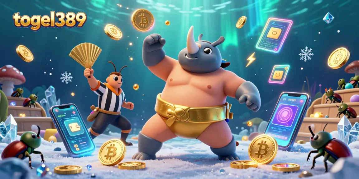 Experience thrilling online gambling with togel389 as a powerful beetle champion stomps gold coins in an exciting scene.