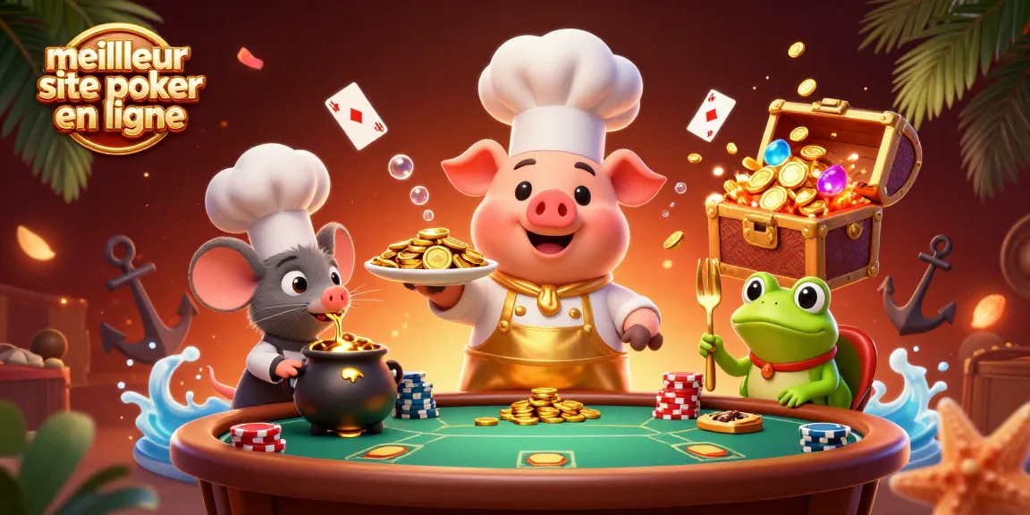 Plongez dans le meilleur site de poker en ligne avec des scènes animées de jeux de cartes et de jetons.