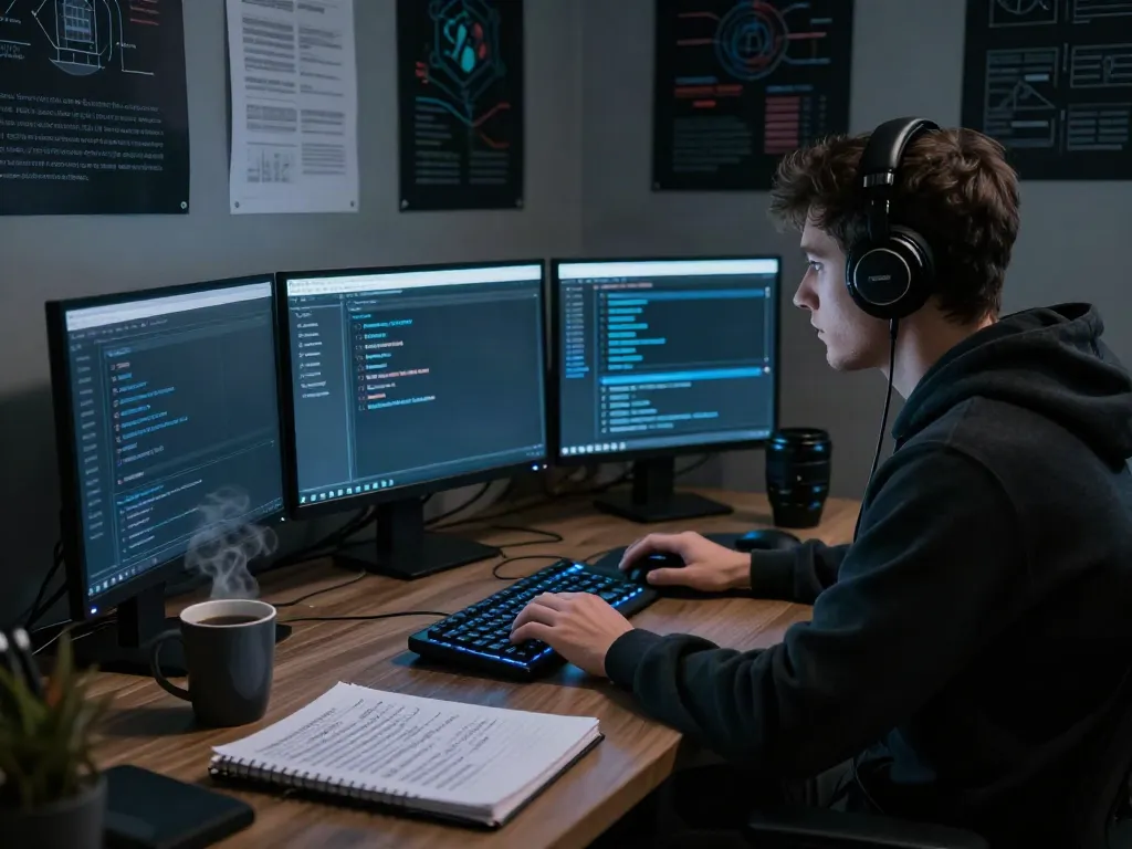 Individual exploring hidden wiki 1 links on multiple screens in a dimly lit room.