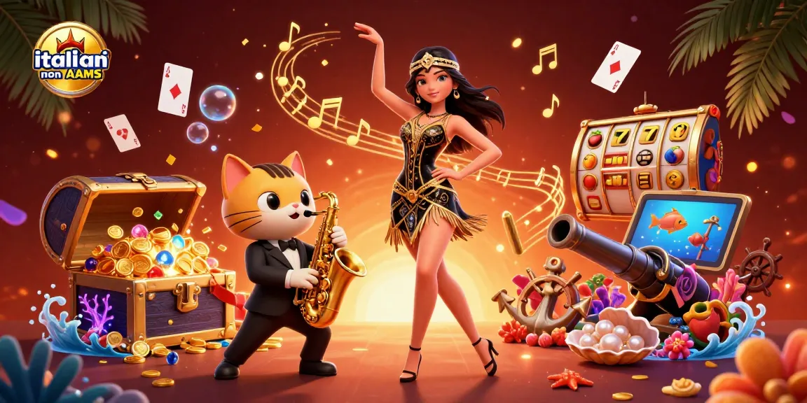 Interagisci con giochi emozionanti dei casino italiani non AAMS in una scena vivace e festosa piena di elementi delle slot.
